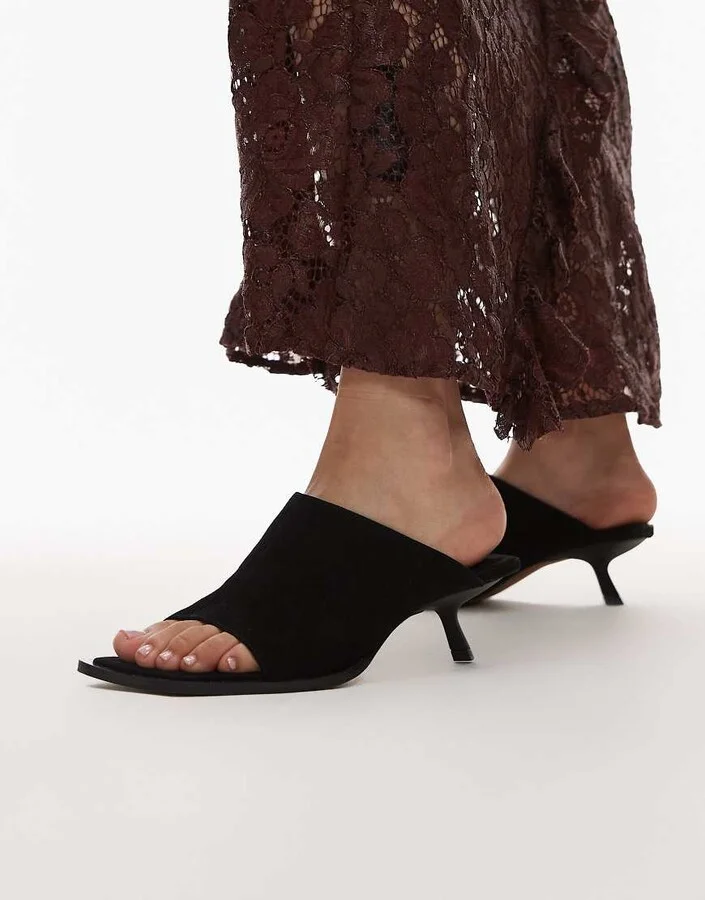 Topshop Premium Ilya suede open square toe mules in black