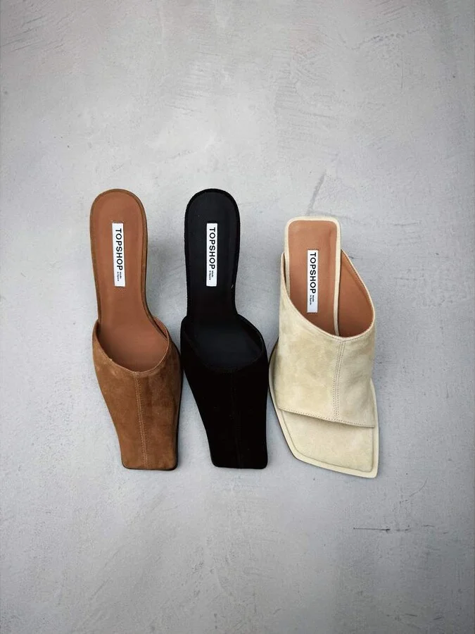 Topshop Premium Ilya suede open square toe mules in off white
