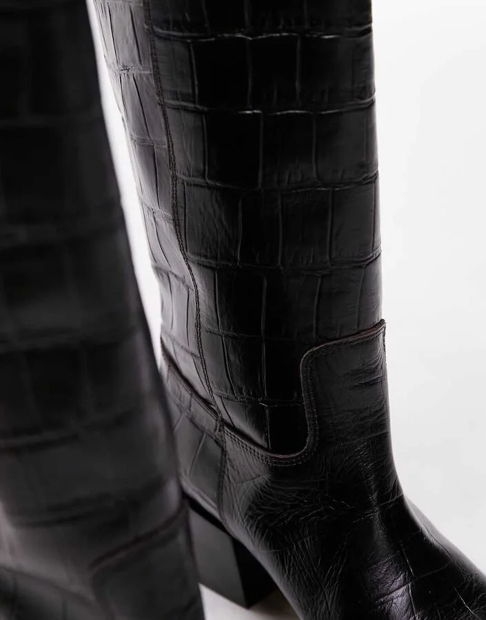 Topshop Rio leather western style knee high boot in choc croc - Image 2