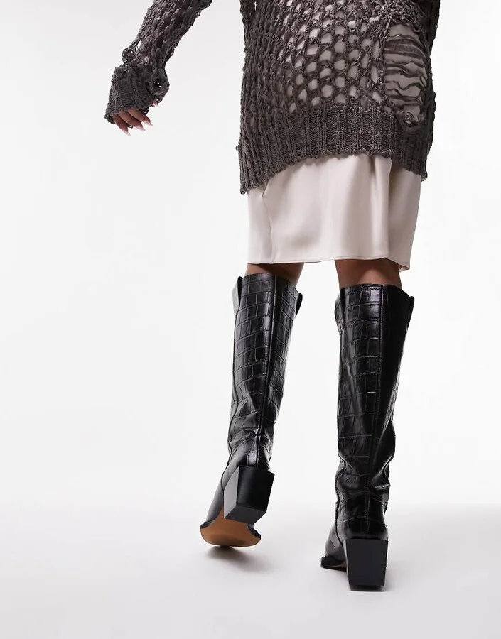 Topshop Rio leather western style knee high boot in choc croc - Image 3