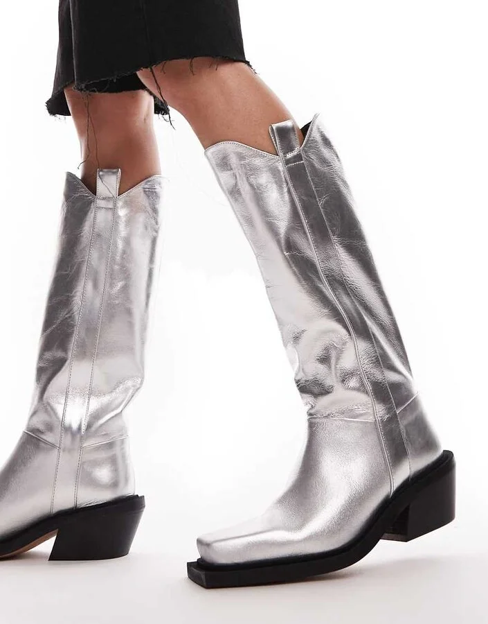 Topshop Rose premium leather western knee high boots in silver - Image 2