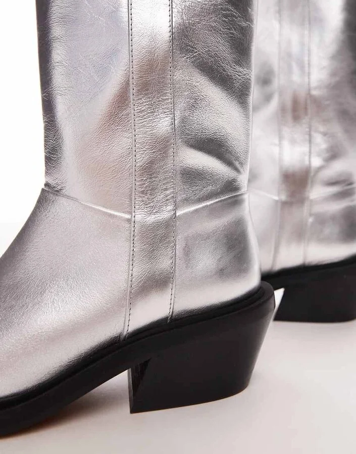 Topshop Rose premium leather western knee high boots in silver - Image 3