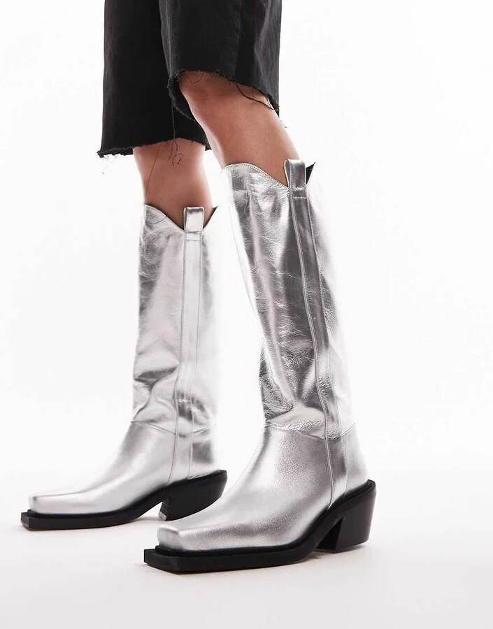 Topshop Rose premium leather western knee high boots in silver - Image 4