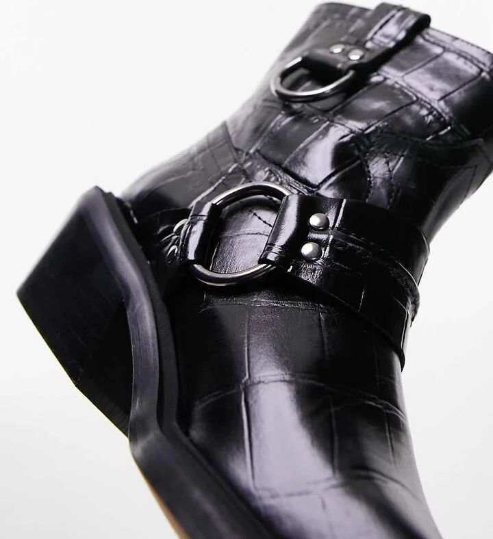 Topshop Roxy premium leather western biker boots in black croc - Image 3