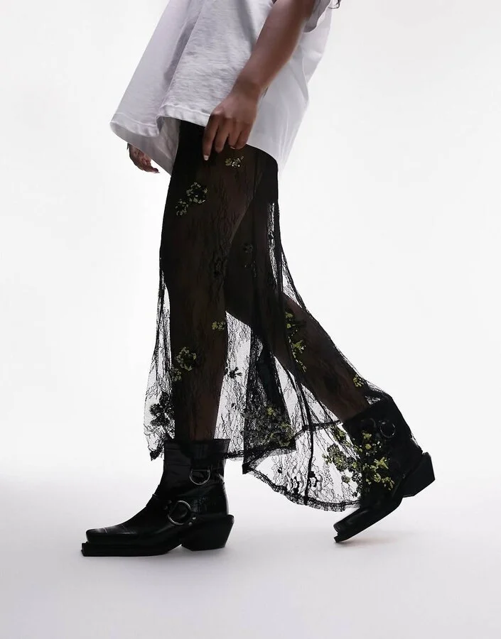 Topshop Roxy premium leather western biker boots in black croc - Image 4