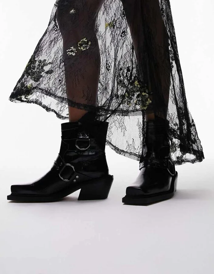 Topshop Roxy premium leather western biker boots in black croc