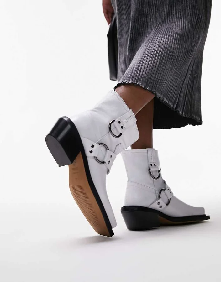 Topshop Roxy premium leather western biker boots in white - Image 2
