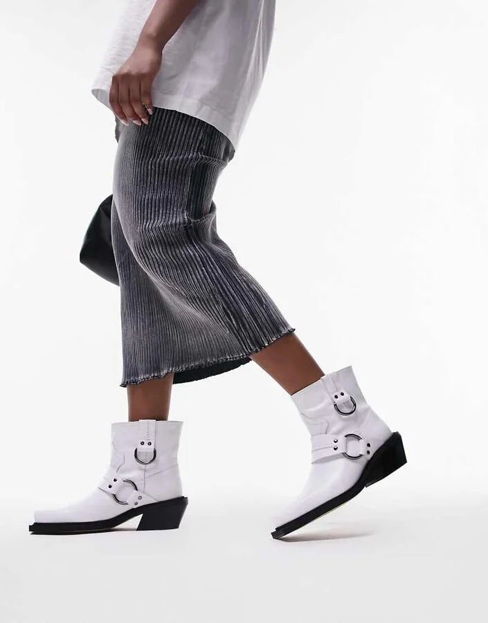 Topshop Roxy premium leather western biker boots in white - Image 3
