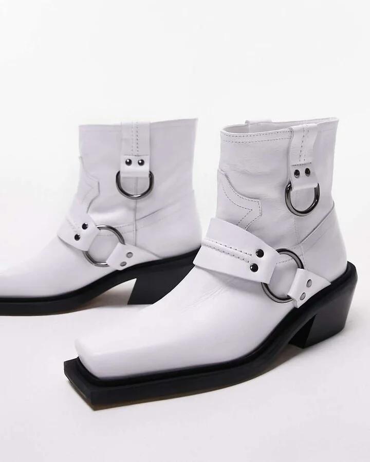 Topshop Roxy premium leather western biker boots in white - Image 4