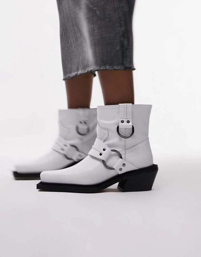 Topshop Roxy premium leather western biker boots in white