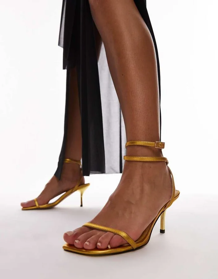 Topshop Wide Fit Fina barely there mid heeled sandals in gold - Image 2