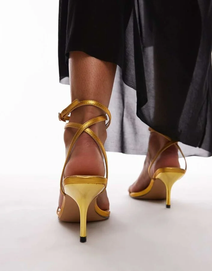 Topshop Wide Fit Fina barely there mid heeled sandals in gold - Image 3