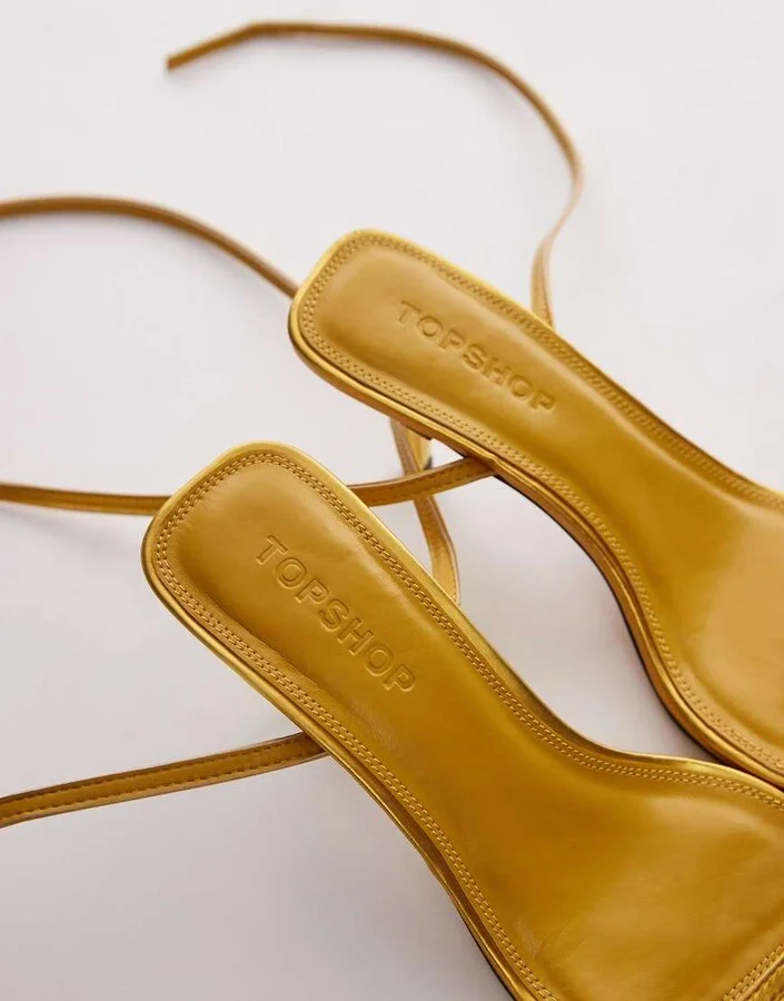 Topshop Wide Fit Fina barely there mid heeled sandals in gold - Image 4