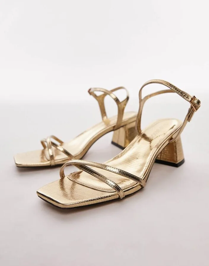 Topshop Wide Fit Iona strappy block heeled sandal in gold lizard - Image 2