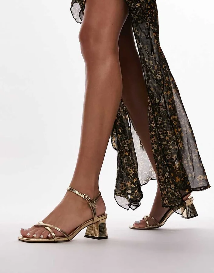 Topshop Wide Fit Iona strappy block heeled sandal in gold lizard - Image 3