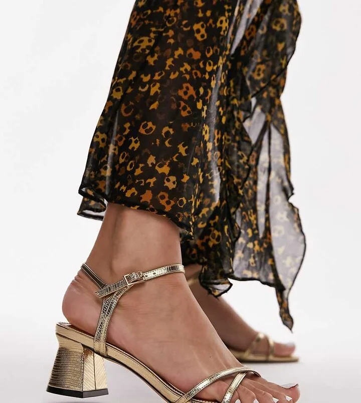 Topshop Wide Fit Iona strappy block heeled sandal in gold lizard
