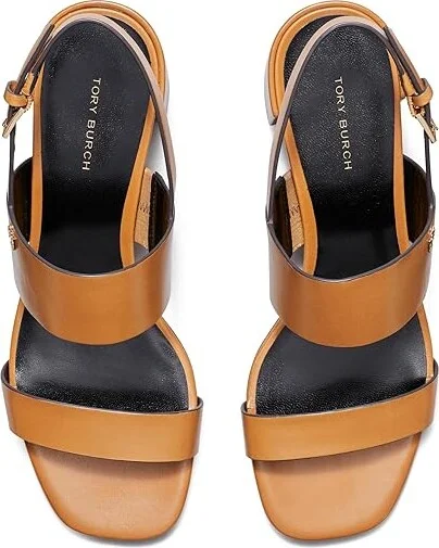 Tory Burch 50 mm Double T Heel Sandals Women's Sandals Caramel Corn/Perfect Black : 5 M, Leather - Image 2