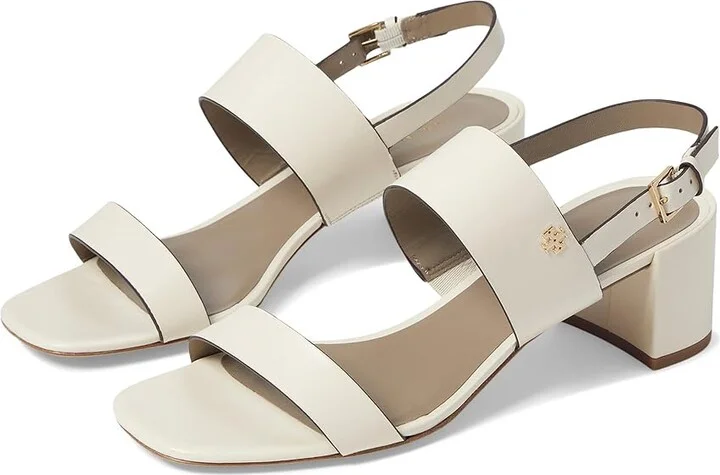 Tory Burch 50 mm Double T Heel Sandals Women's Sandals Light Cream/Dark Elk : 5 M, Leather