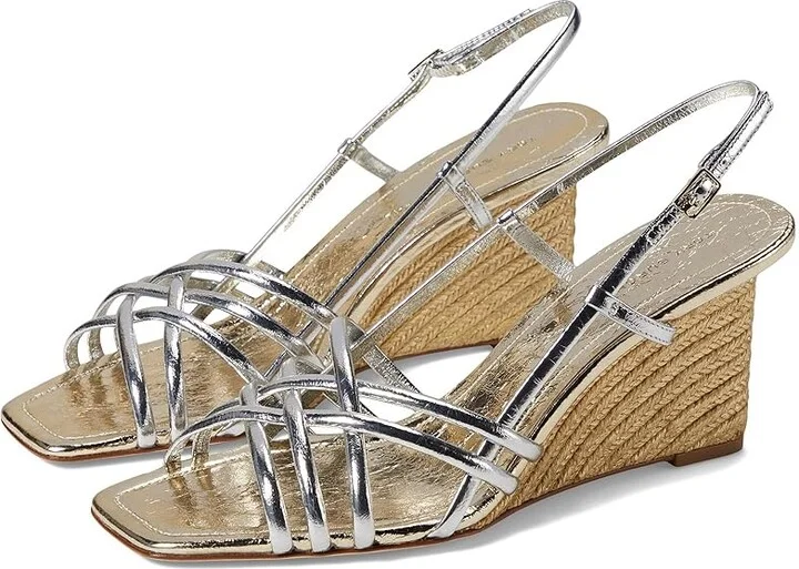 Tory Burch 75 mm Strap Wedge Sandals Women's Sandals Shiny Silver/Spark Gold/Spark Gold : 5 M, Leather