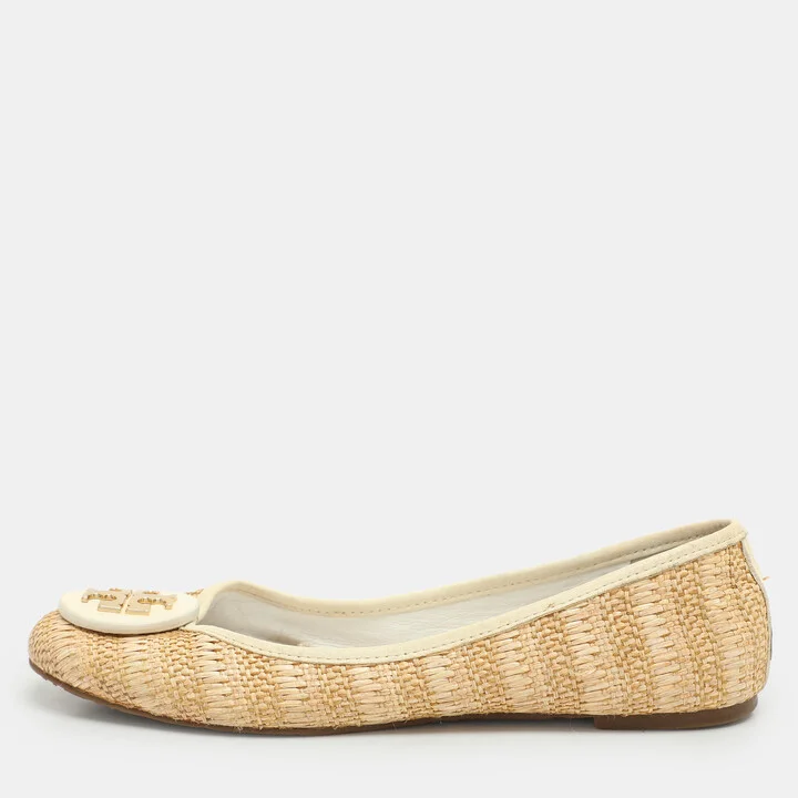 Tory Burch Beige/Cream Raffia and Leather Reva Ballet Flats Size 38