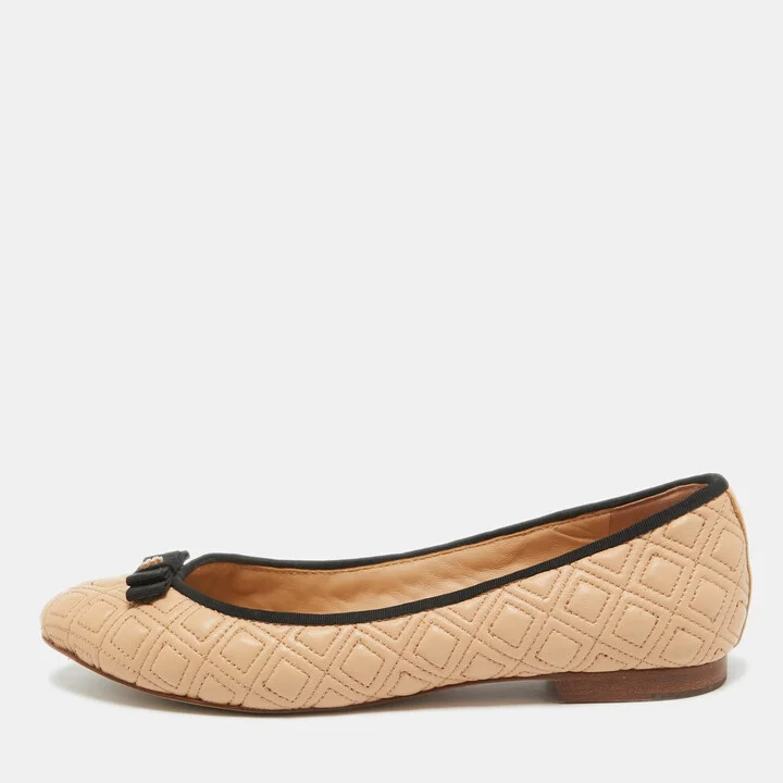 Tory Burch Beige Quilted Leather Marion Ballet Flats Size 39.5
