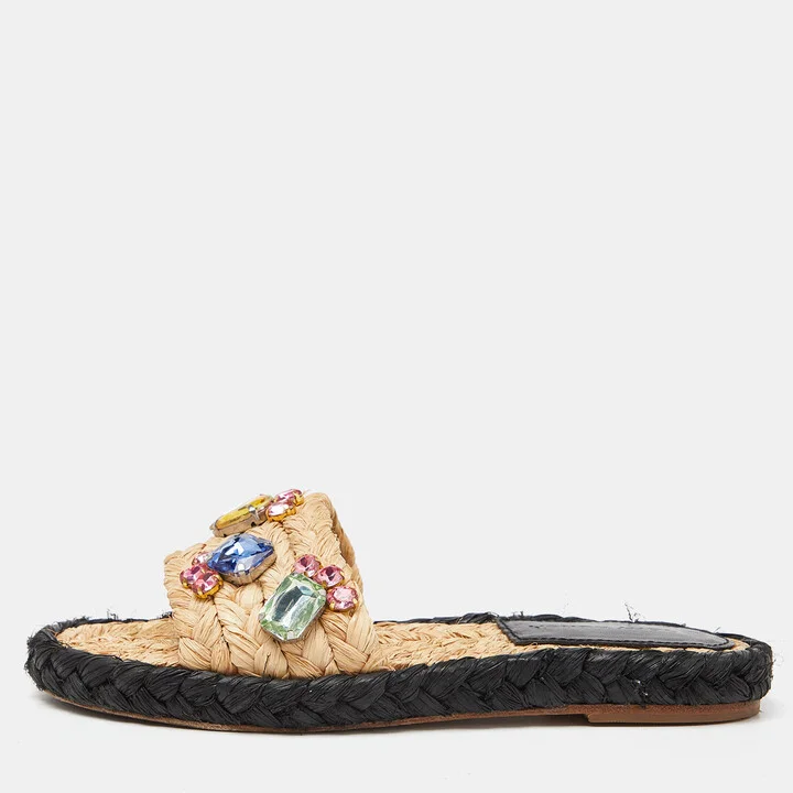 Tory Burch Beige Raffia Crystal Embellished Flat Slides Size 36.5