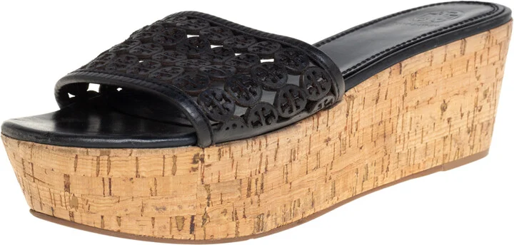 Tory Burch Black Laser Cut Leather Slide Wedge Sandals Size 40.5