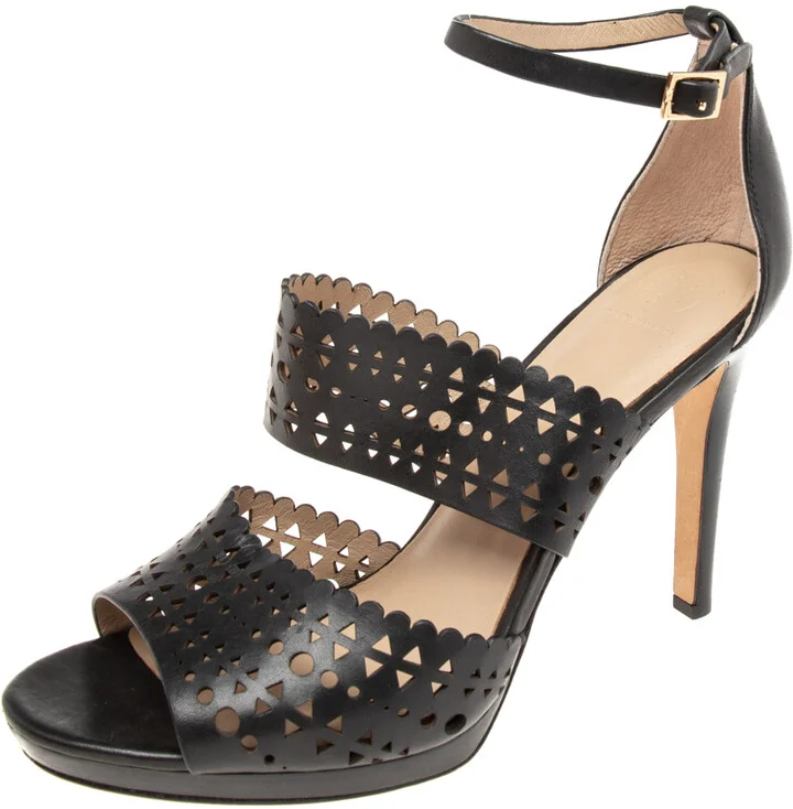 Tory Burch Black Laser Cut Scalloped Trim Leather Platform Ankle Strap Sandals Size 40
