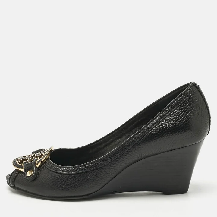 Tory Burch Black Leather Amanda Peep Toe Wedge Pumps Size 37.5