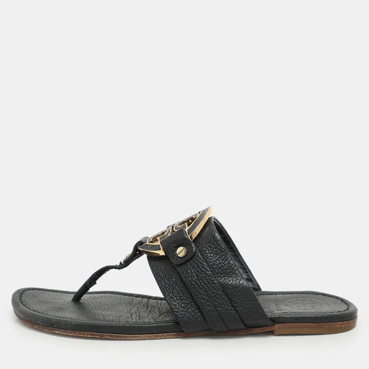 Tory Burch Black Leather Amanda Thong Flat Sandals Size 38