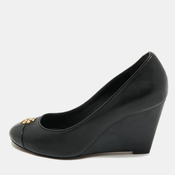 Tory Burch Black Leather Amanda Wedge Pumps Size 35.5