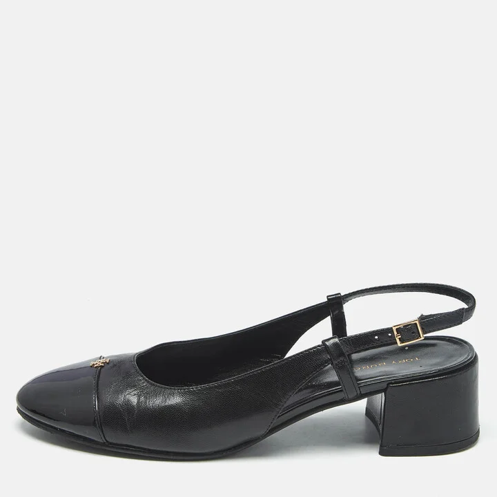 Tory Burch Black Leather Benton Block Heel Slingback Pumps Size 38