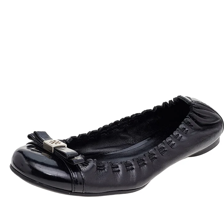 Tory Burch Black Leather Cap Toe Scrunch Ballet Flats Size 36