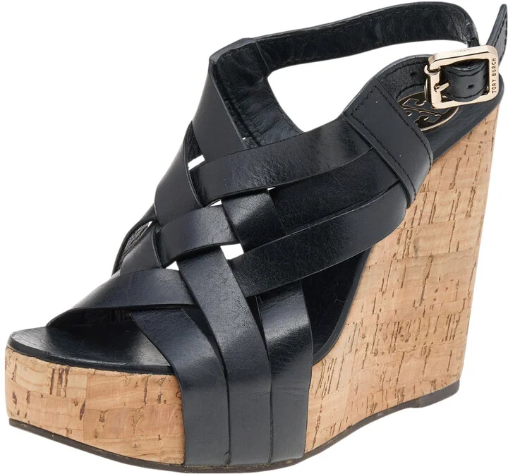Tory Burch Black Leather Cork Wedge Strappy Platform Sandals Size 38