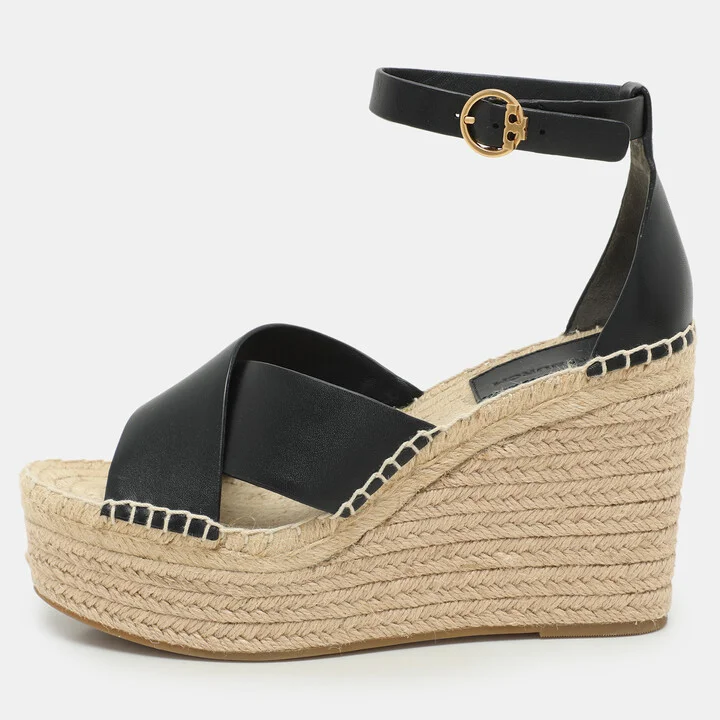 Tory Burch Black Leather Cross Strap Wedge Espadrille Sandals Size 38
