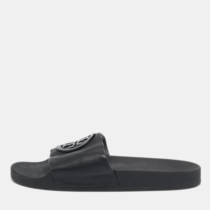 Tory Burch Black Leather Double T Flat Slides Size 39.5