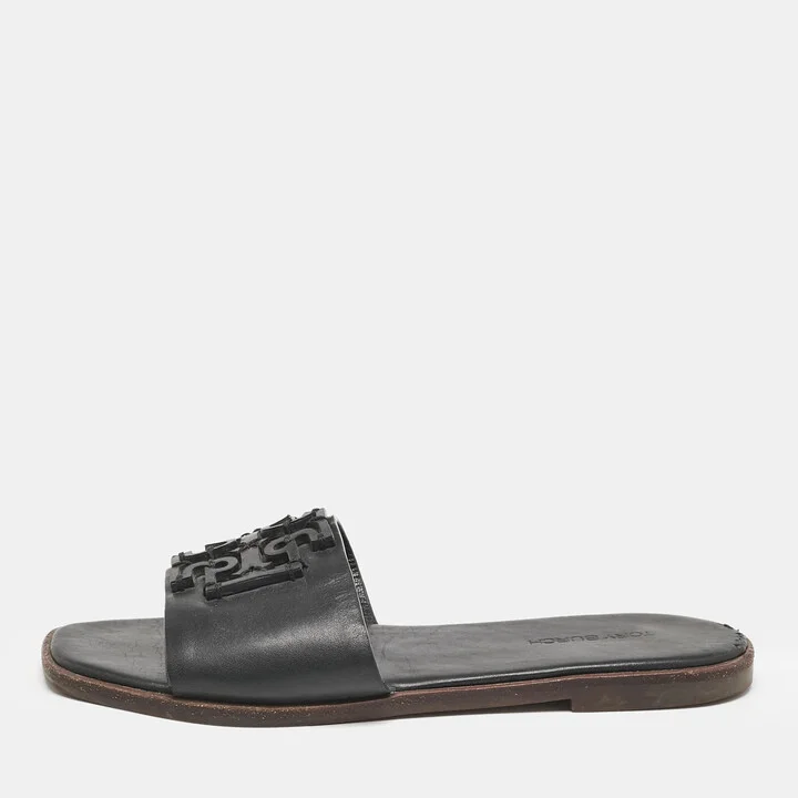 Tory Burch Black Leather Double T Slide Flat Sandals Size 35