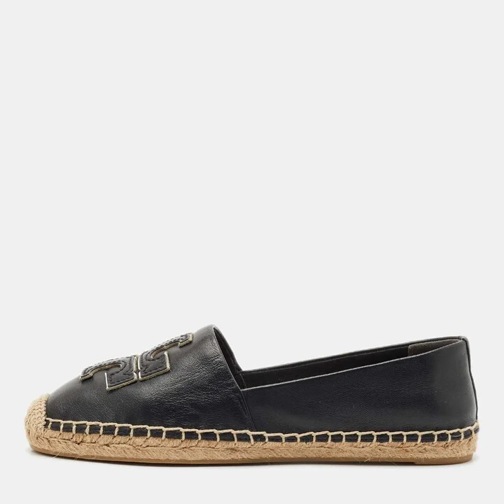 Tory Burch Black Leather Ines Espadrille Flats Size 37.5