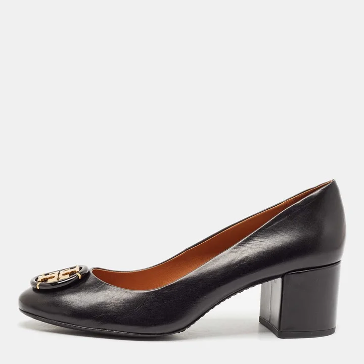 Tory Burch Black Leather Janey Block Heel Pumps Size 41