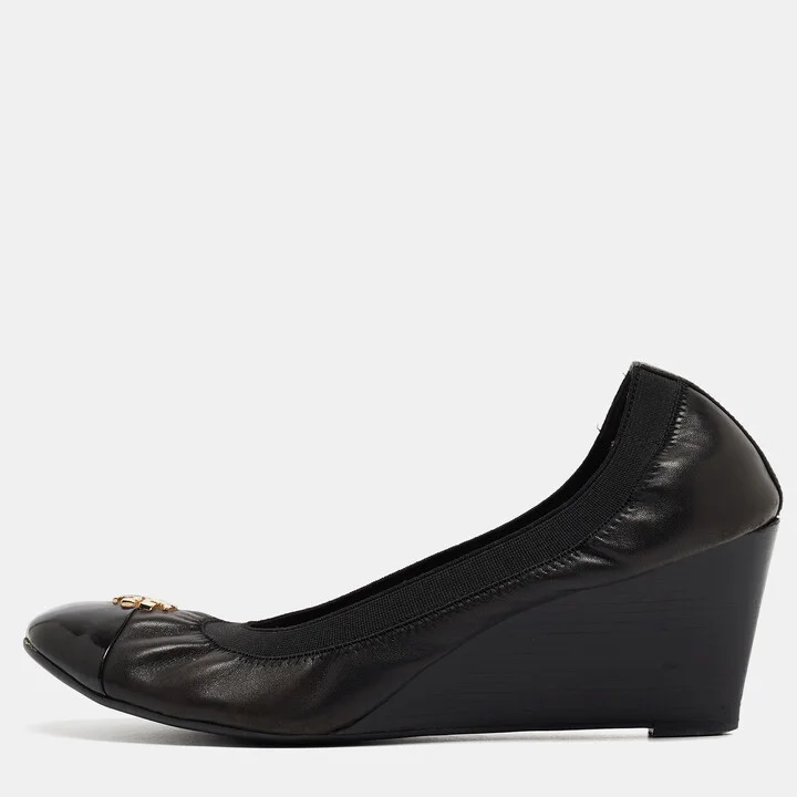 Tory Burch Black Leather Jolie Wedge Cap Toe Pumps Size 40