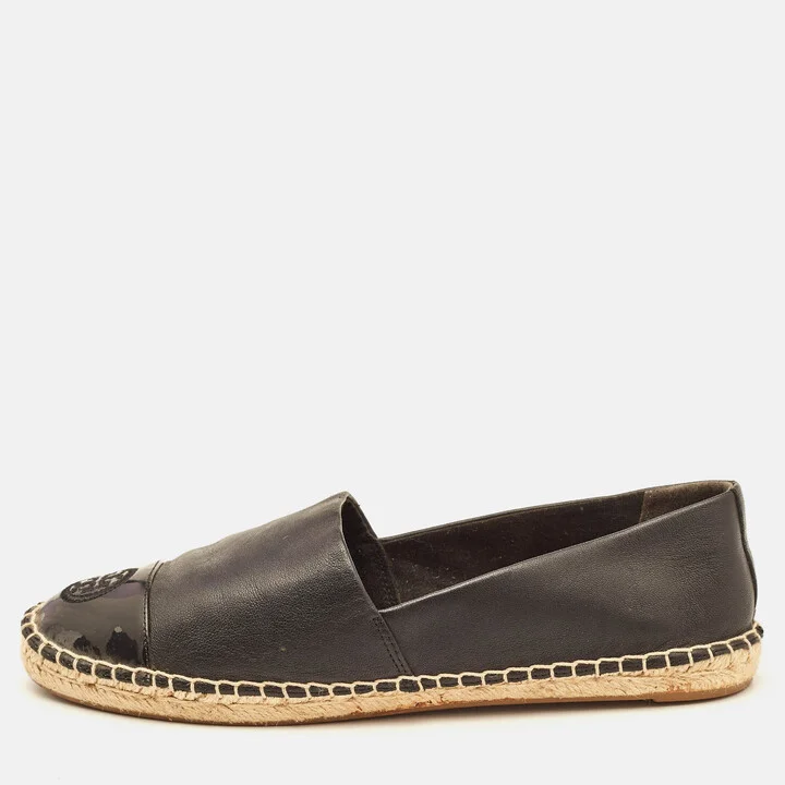 Tory Burch Black Leather Logo Cap Toe Espadrille Flats Size 39