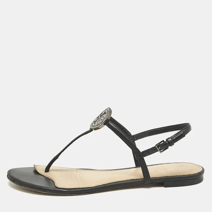 Tory Burch Black Leather Logo Embellished Flat Thong Sandals Size 38