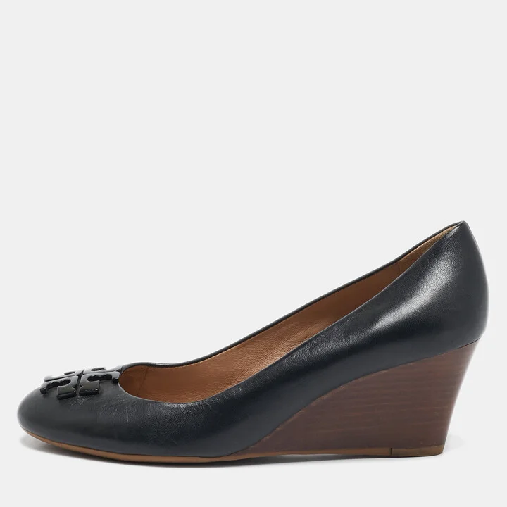 Tory Burch Black Leather Lowell Wedge Pumps Size 39.5