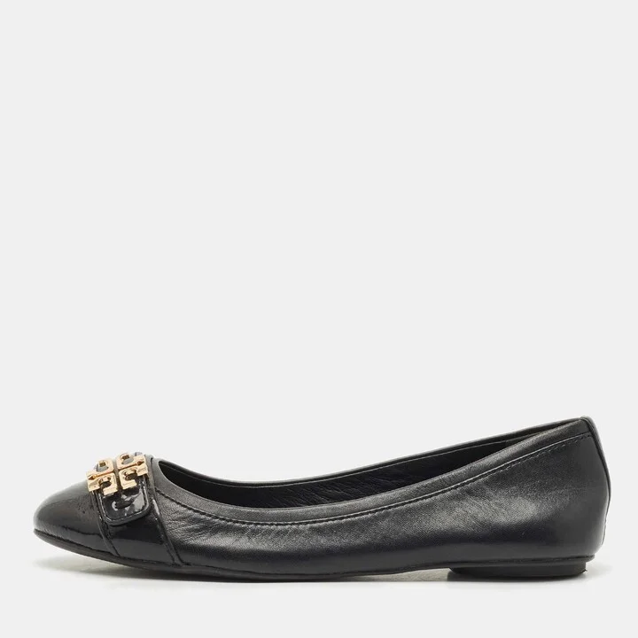 Tory Burch Black Leather Minnie Ballet Flats Size 37.5