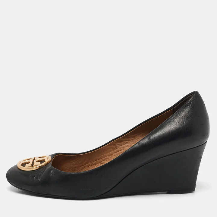 Tory Burch Black Leather Sally Wedge Pumps Size 39