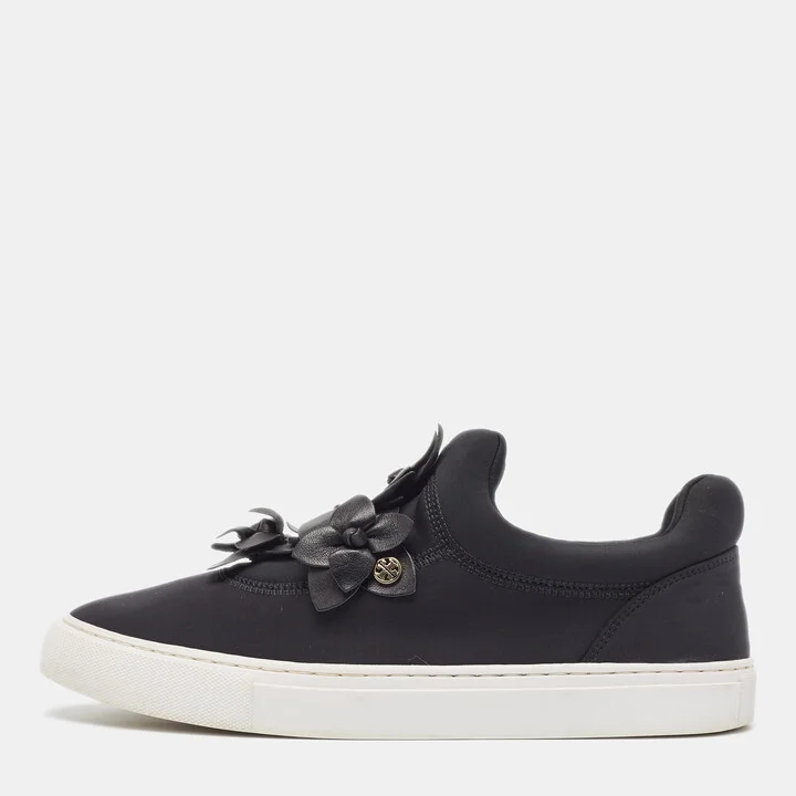 Tory Burch Black Nylon And Leather Blossom Sneakers Size 39.5