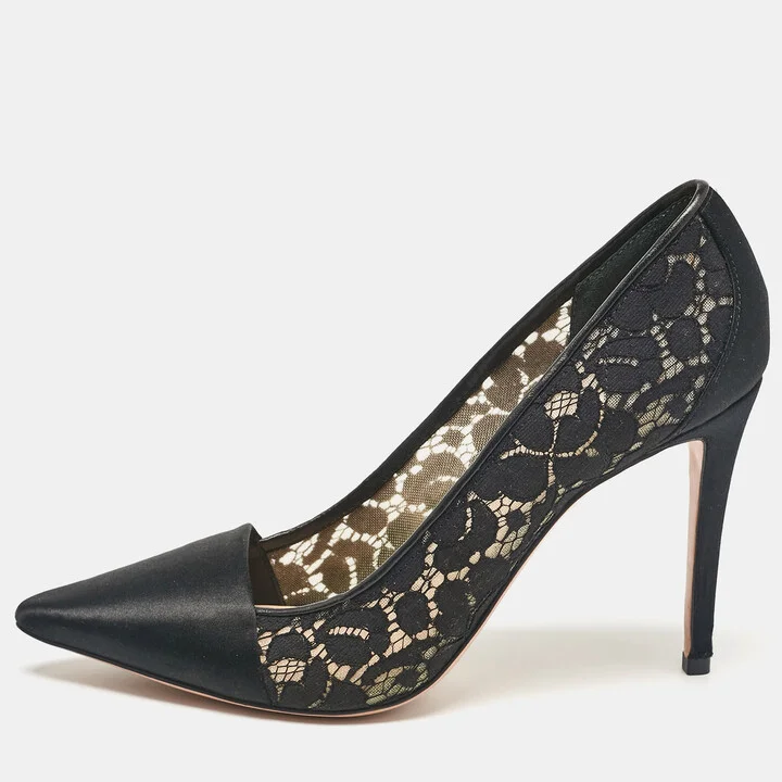 Tory Burch Black Satin and Mesh Pointed Toe Pumps Size 41