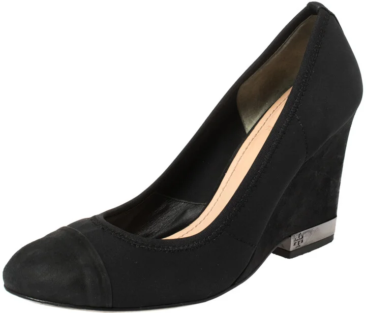Tory Burch Black Suede Leather Cap Toe Wedge Heel Pumps Size 36.5