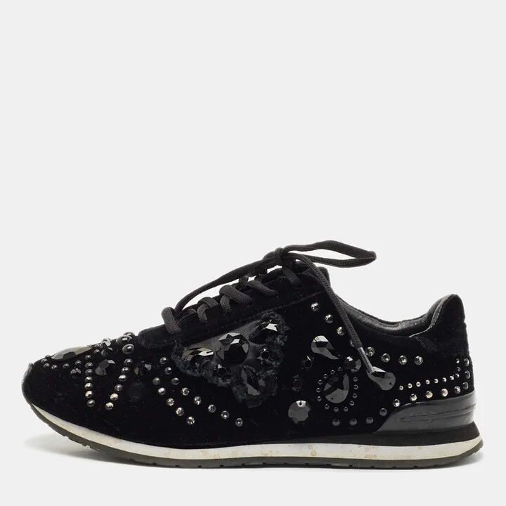 Tory Burch Black Velvet Scarlett Crystal Embellished Sneakers Size 37.5