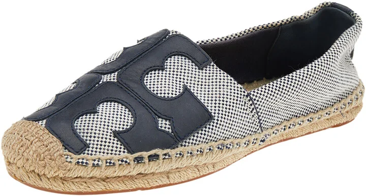 Tory Burch Black/White Canvas And Leather Logo Lonnie Espadrilles Flats Size 37